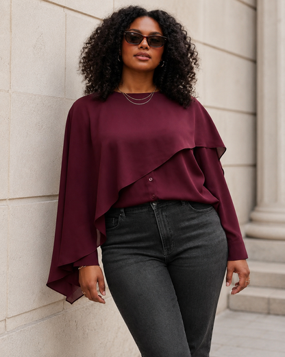 Trendyol Women’s Burgundy Layered Cape Blouse – Long Sleeve Plus Size Top, SHEIN Fast Delivery in 5 Days