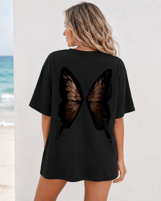 Women’s Black Butterfly Graphic Oversized Cotton T-Shirt, Casual Short Sleeve Top
