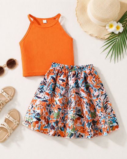 Girls Orange Ribbed Crop Top and Floral Skirt Set