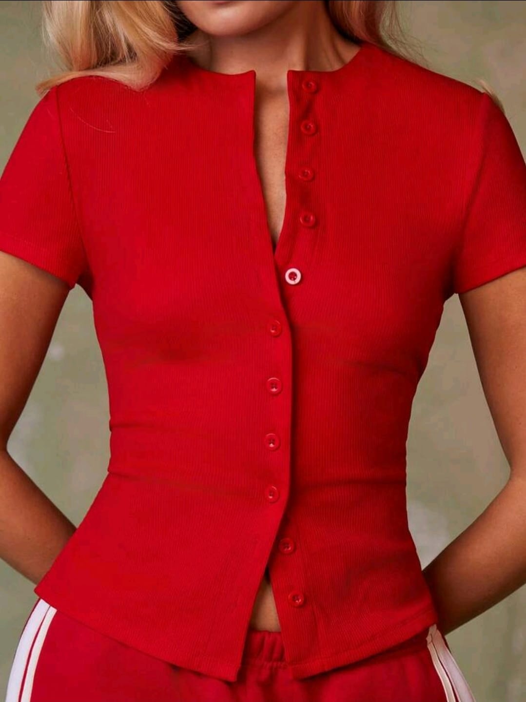 SHEIN Women Red Ribbed Button Front Fitted Top