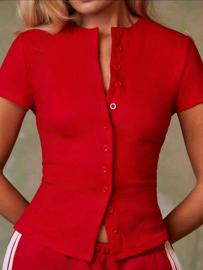 SHEIN Women Red Ribbed Button Front Fitted Top