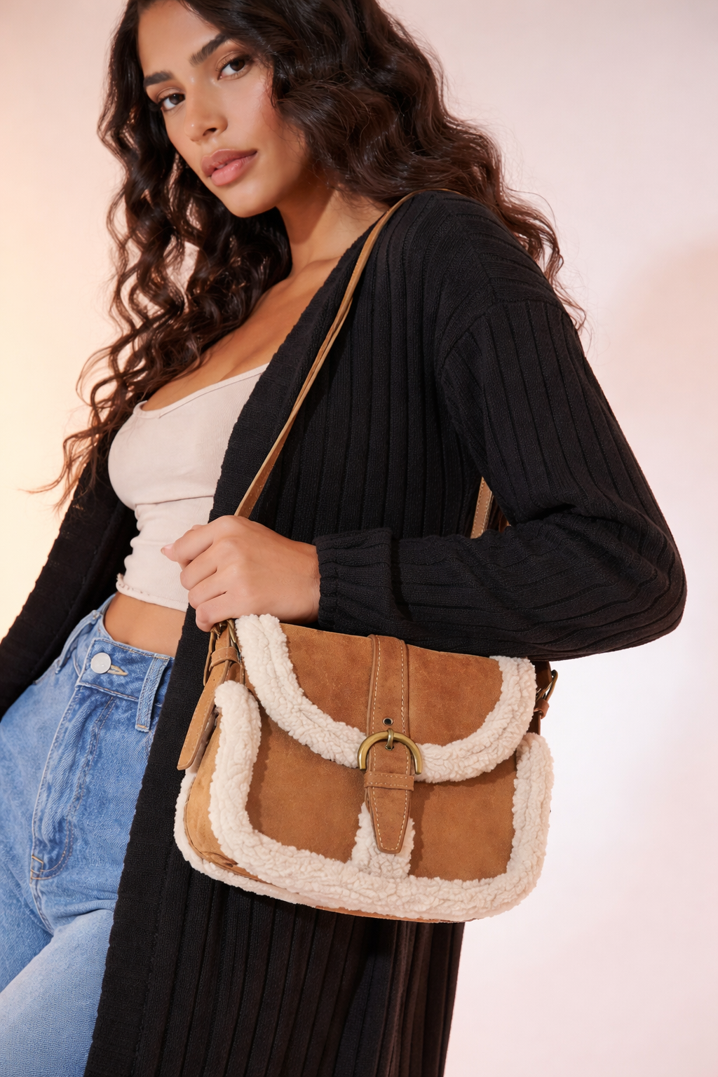 Women’s Brown Faux Suede Shearling Trim Crossbody Bag – Vintage Buckle Flap Shoulder Bag