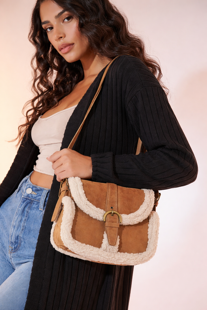 Women’s Brown Faux Suede Shearling Trim Crossbody Bag – Vintage Buckle Flap Shoulder Bag