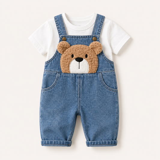 Baby Boys Denim Overall Set with Bear Patch – SHEIN Fast Delivery in 5 Days