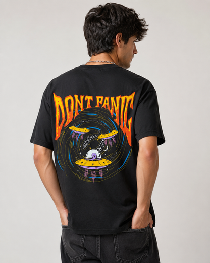 Men’s Black Don’t Panic Cotton T-Shirt, Small Chest Graphic Casual Top