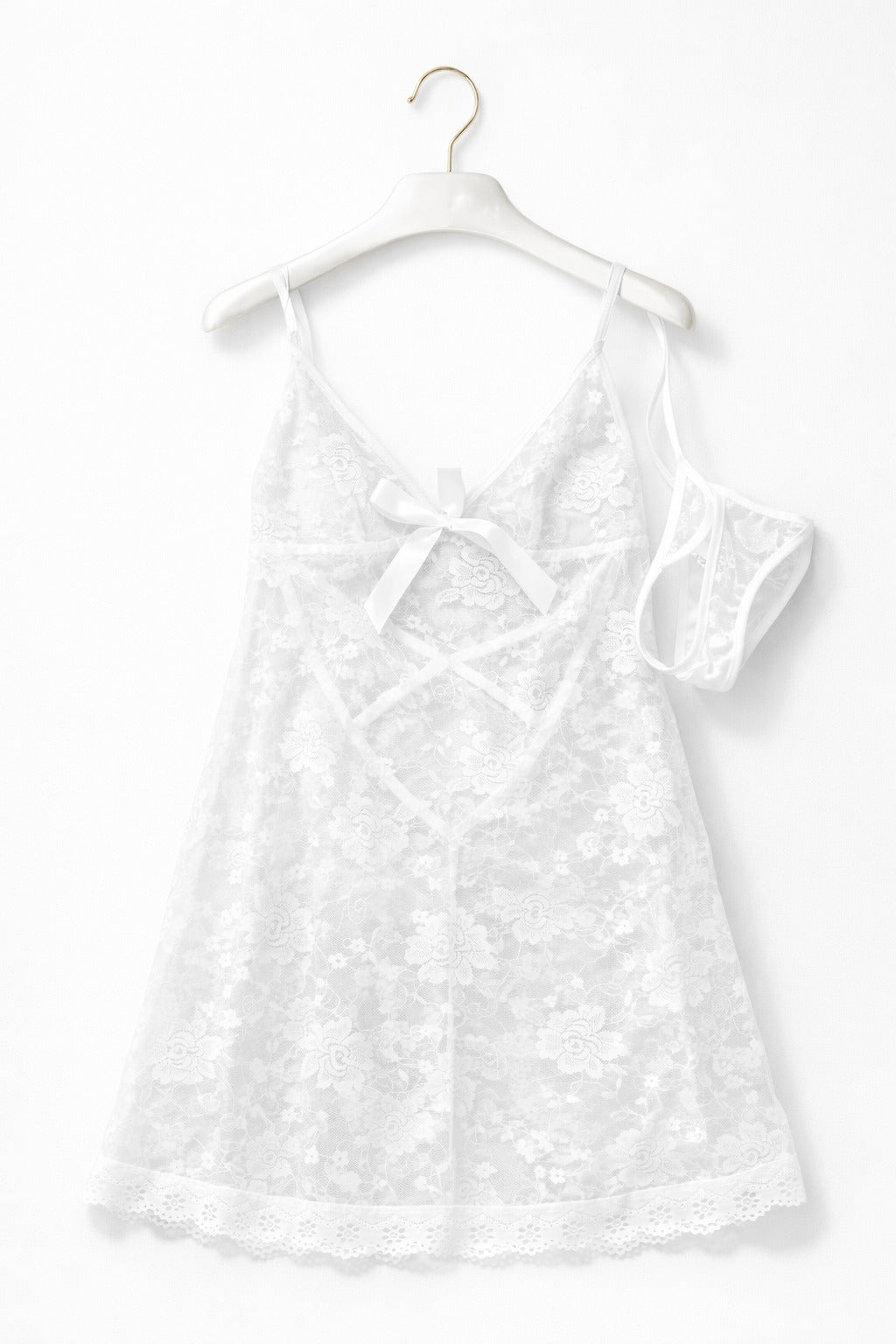 White Lace Babydoll Lingerie Set – Sheer Floral Slip Dress with Matching Panty for Women