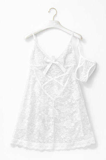 White Lace Babydoll Lingerie Set – Sheer Floral Slip Dress with Matching Panty for Women