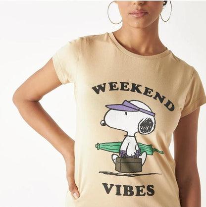 Women’s Splash Snoopy Graphic T-Shirt – Beige Short Sleeve Cotton Casual Top