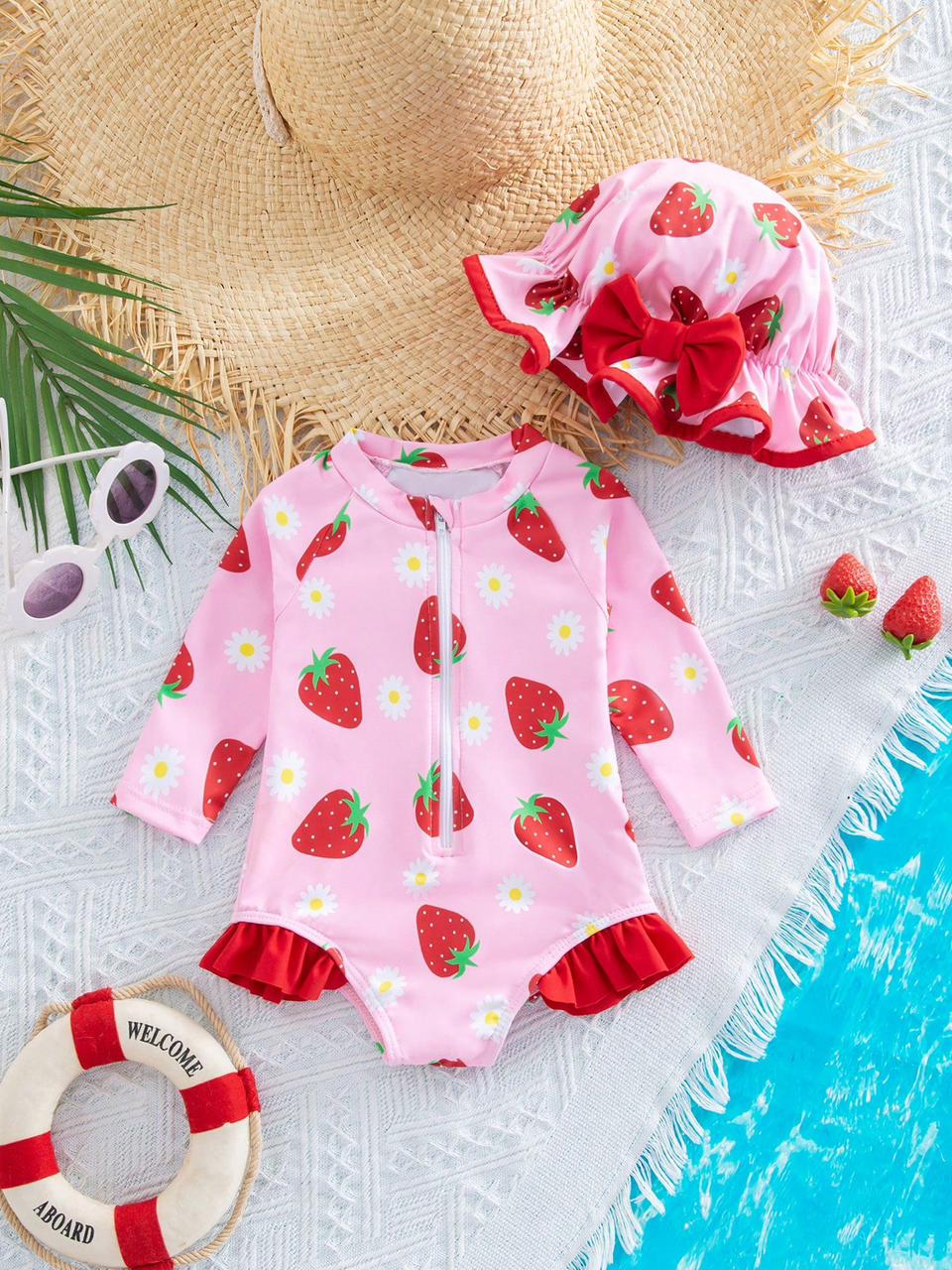 Baby Pink Strawberry Long Sleeve Swimsuit Set with Hat – SHEIN Fast Delivery in 5 Days
