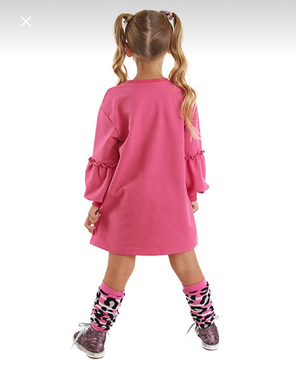 Girls Pink Cartoon Animal Print Dress – Long Sleeve Casual Kids Dress – Cute Everyday Outfit