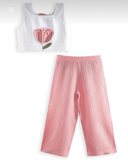 Girls’ Denokids Pink Floral Summer Set – Cotton Crop Top and Wide Leg Pants