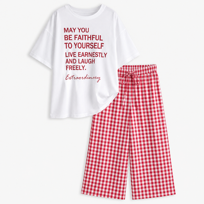 Women’s White Graphic T-Shirt and Gingham Pants Pajama Set