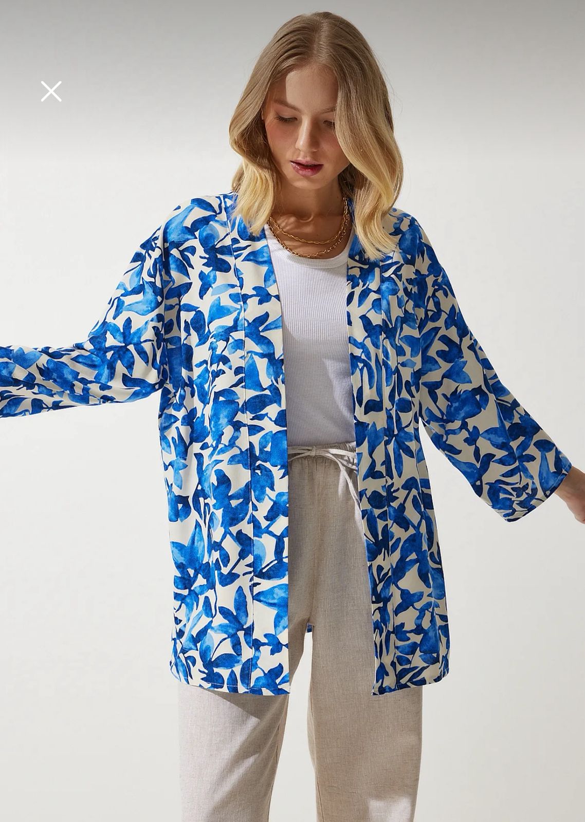 Women’s Blue Floral Open Front Kimono – Trendyol Lightweight Long Sleeve Cardigan