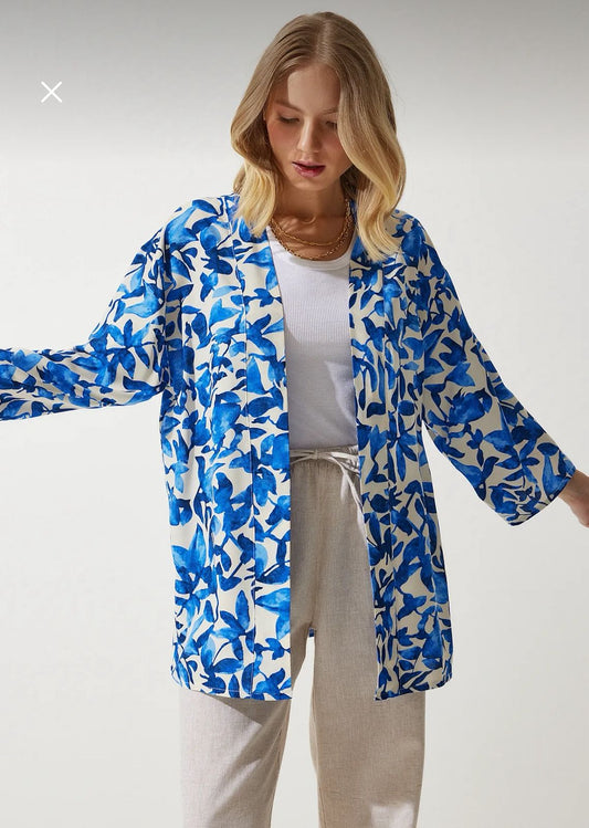 Women’s Blue Floral Open Front Kimono – Trendyol Lightweight Long Sleeve Cardigan