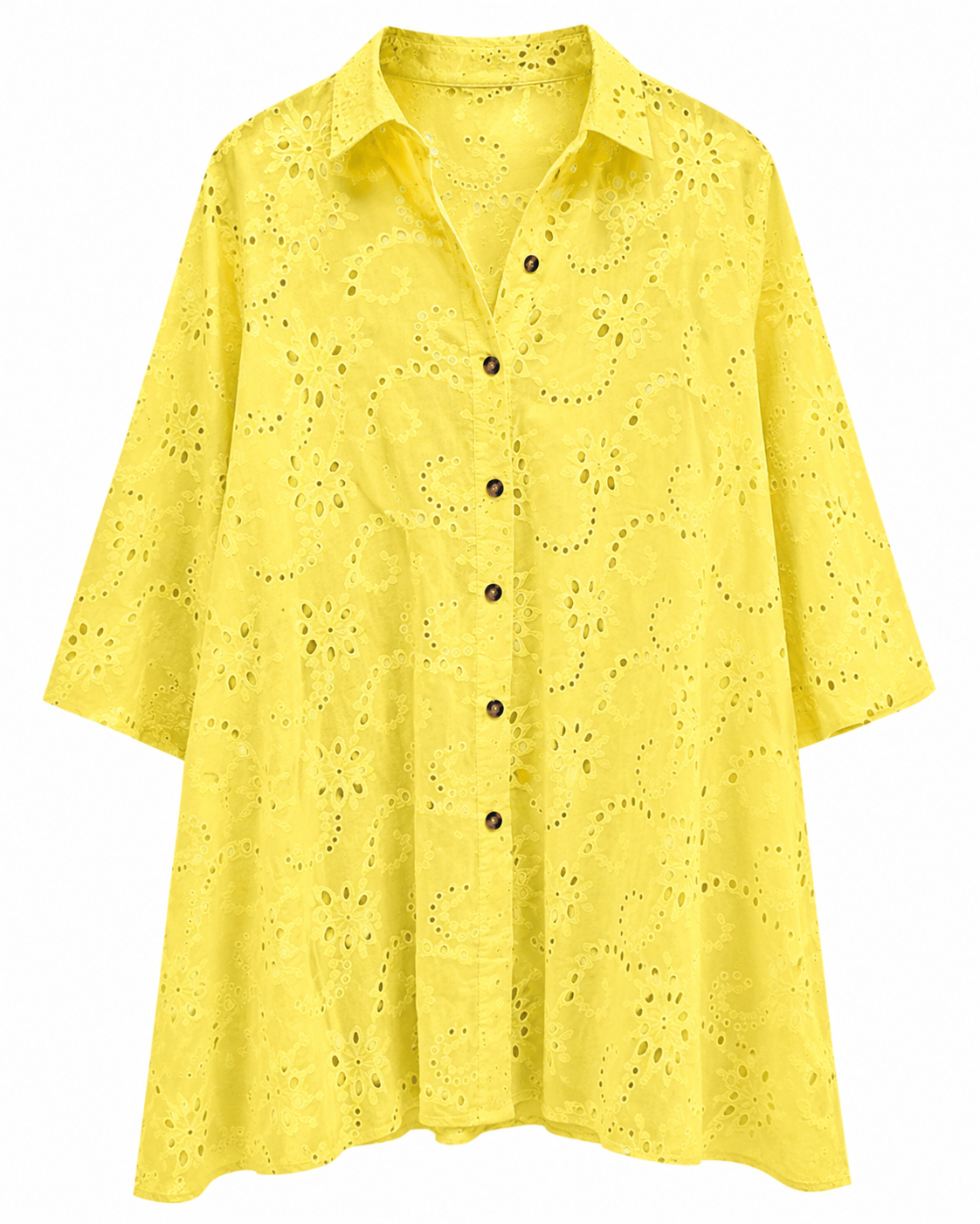SHEIN Yellow Eyelet Button-Up Shirt Dress