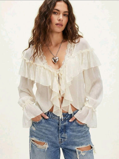 White Boho Ruffle Sheer Blouse – V Neck Lace Trim Romantic Women Top