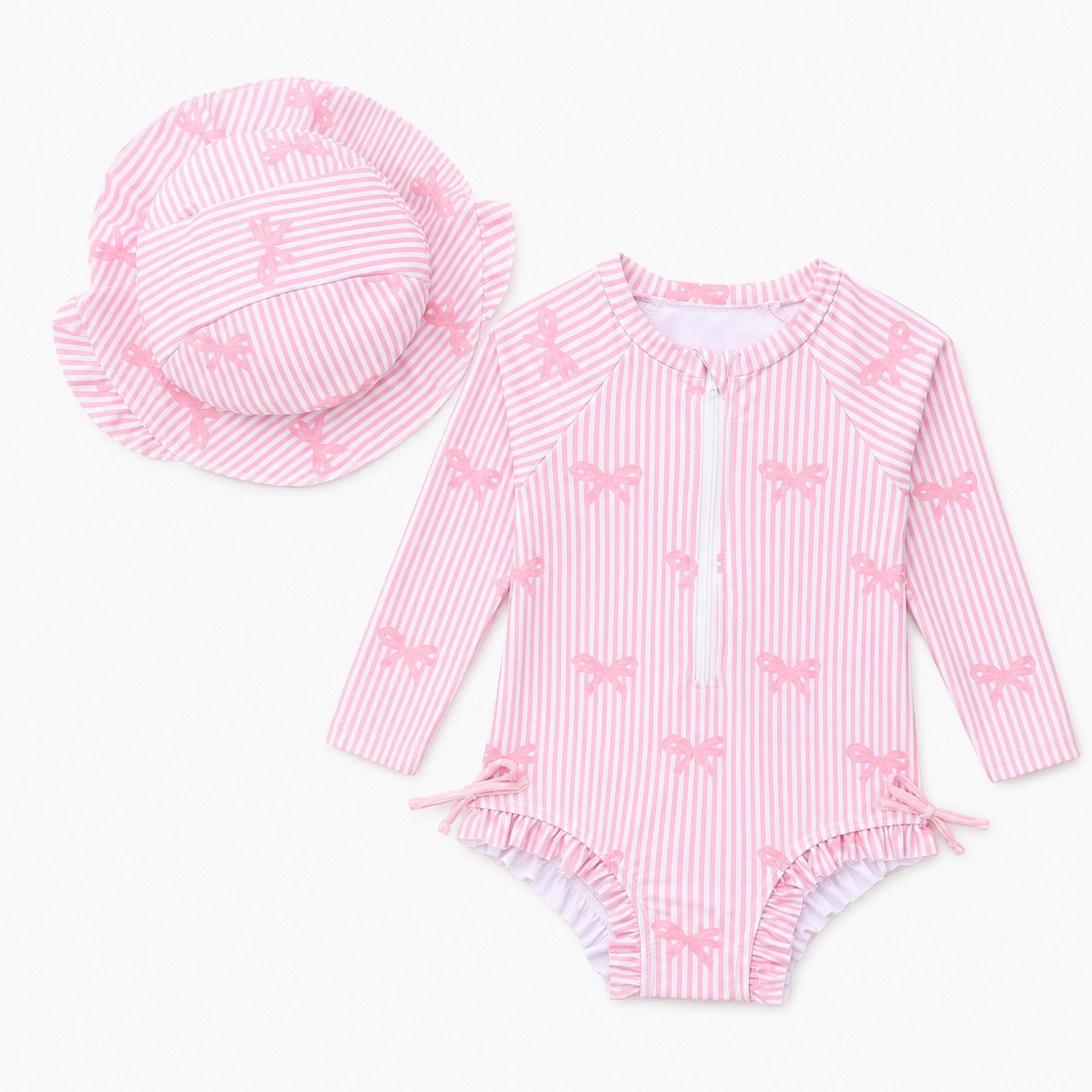 Baby Pink Bow Striped Long Sleeve Swimsuit Set with Hat – SHEIN Fast Delivery in 5 Days