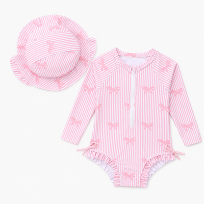 Baby Pink Bow Striped Long Sleeve Swimsuit Set with Hat – SHEIN Fast Delivery in 5 Days