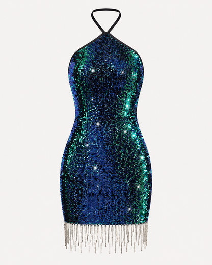 Women’s Blue Green Sequin Halter Mini Dress with Fringe Hem