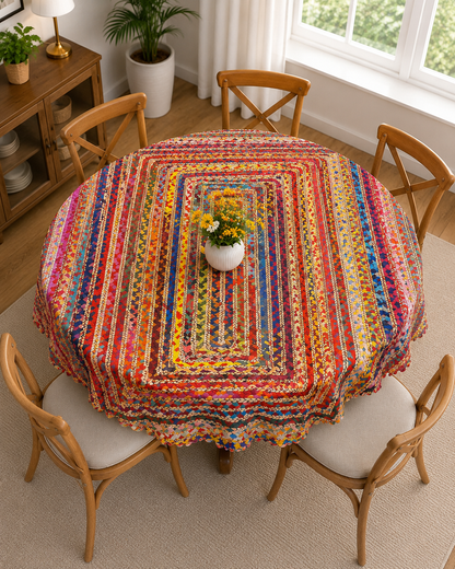 Bohemian Round Multicolor Braided Table Cover 152 cm