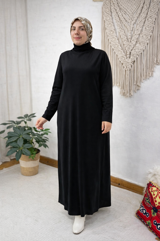 Basic Ribbed Maxi Dress – Black – High Neck Oversized Modest Long Dress