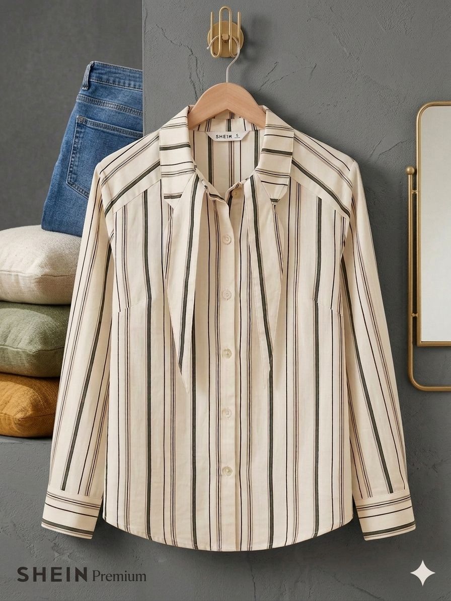 SHEIN Premium Striped Tie Neck Button Front Blouse