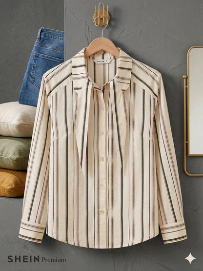 SHEIN Premium Striped Tie Neck Button Front Blouse