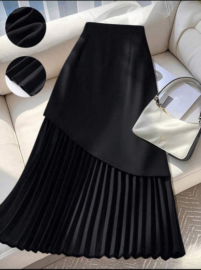 Women’s Black Asymmetrical Pleated Midi Skirt – Elegant High Waist Flowy Skirt