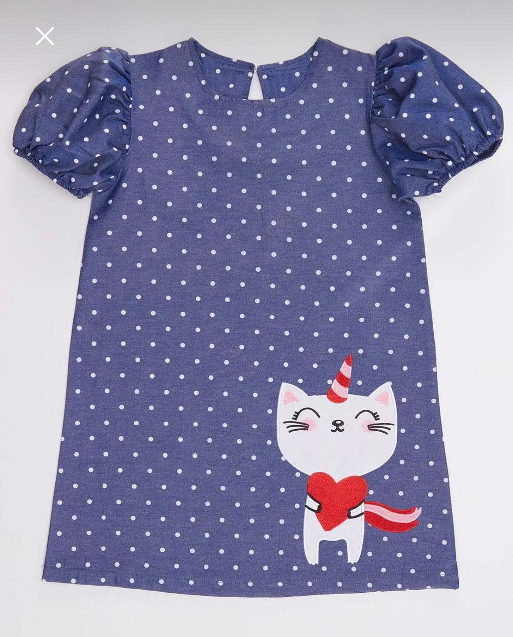 Girls’ Denokids Blue Polka Dot Cat Dress – Short Puff Sleeve Cotton Dress