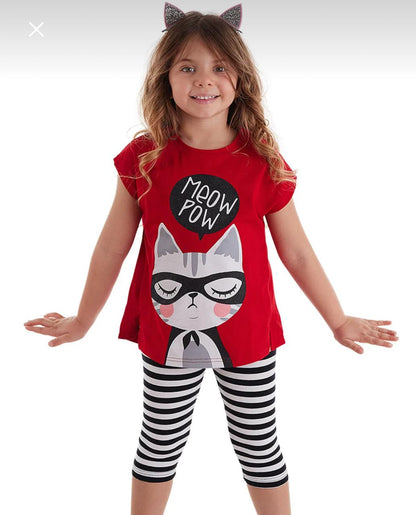 Girls Red Cat Print Sleeveless Top and Striped Leggings Set