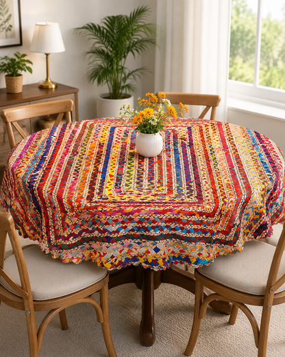 Bohemian Round Multicolor Braided Table Cover 152 cm