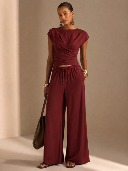 SHEIN Rust Red Cross Wrap Top & Wide-Leg Pants Set - SHEIN Fast Delivery in 5 Days