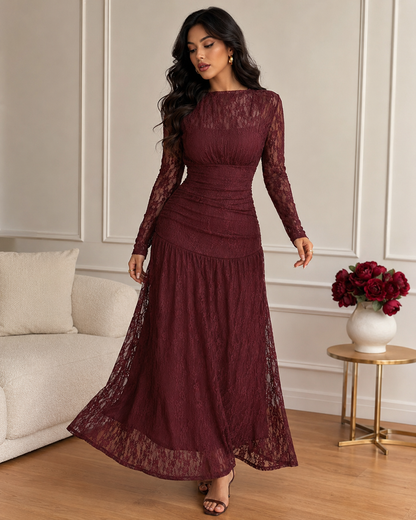 SHEIN Women’s Burgundy Lace Maxi Dress – Long Sleeve Elegant Evening Dress, SHEIN Fast Delivery in 5 Days