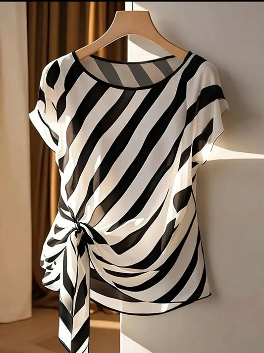 Women Zebra Print Blouse – Short Sleeve Tie Side Top – Sheer Casual Chic Shirt
