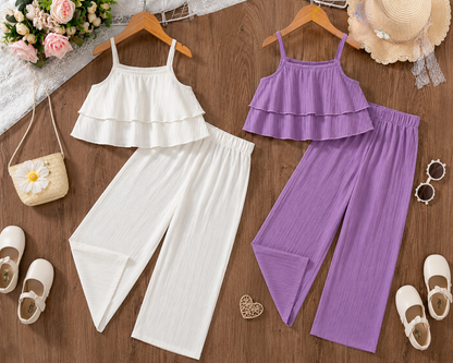 Girls 2-Piece Ruffle Cami Top and Wide Leg Pants Set – White & Purple Summer Outfit