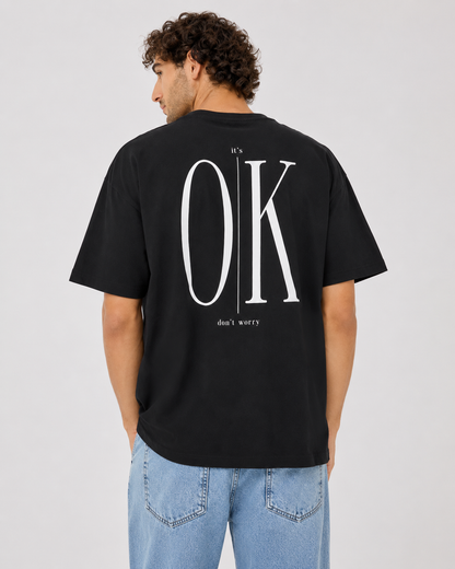 Men’s Black Oversized OK Graphic Cotton T-Shirt, Short Sleeve Casual Streetwear Top