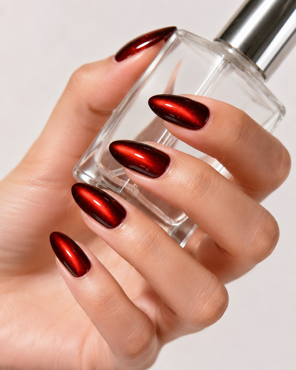 Red Magnetic Cat Eye Almond Press-On Nails