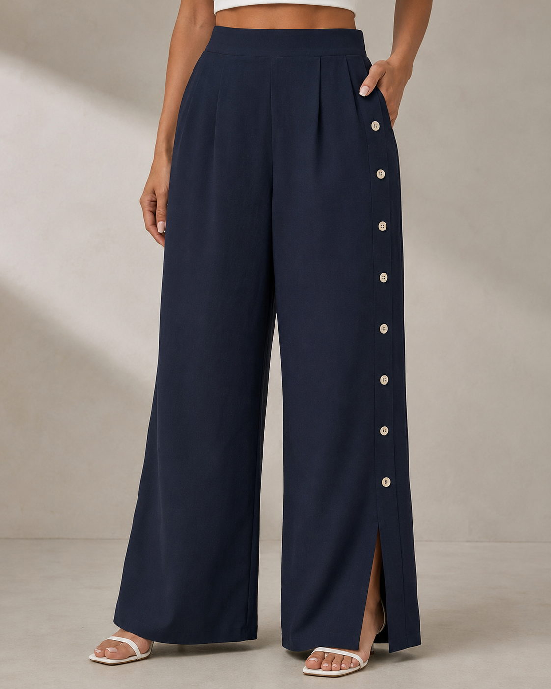 Navy Blue Side Button Wide Leg Pants – SHEIN Fast Delivery in 5 Days