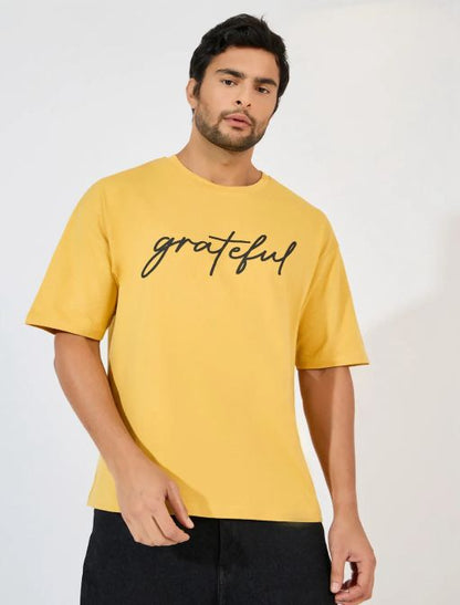 Men’s Yellow Grateful Graphic Cotton T-Shirt, Short Sleeve Casual Everyday Top