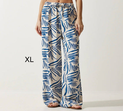 Women’s Trendyol White Blue Abstract Wide Leg Pants – Viscose Drawstring Palazzo Pants