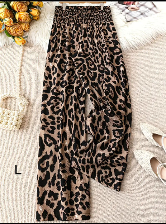 Women’s Leopard Print Wide Leg Pants – Crepe Style Relaxed Palazzo Pants