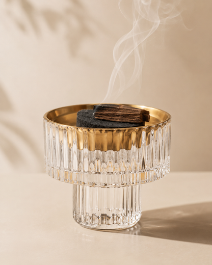Clear Ribbed Glass Incense Burner with Gold Rim