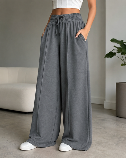 Women’s Wide Leg Drawstring Pants – Gray Casual Loose Fit Trousers