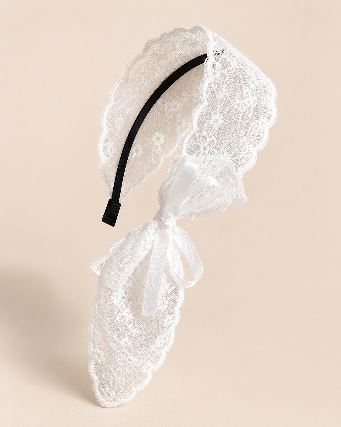 Women’s White Lace Headband Scarf with Ribbon Bow
