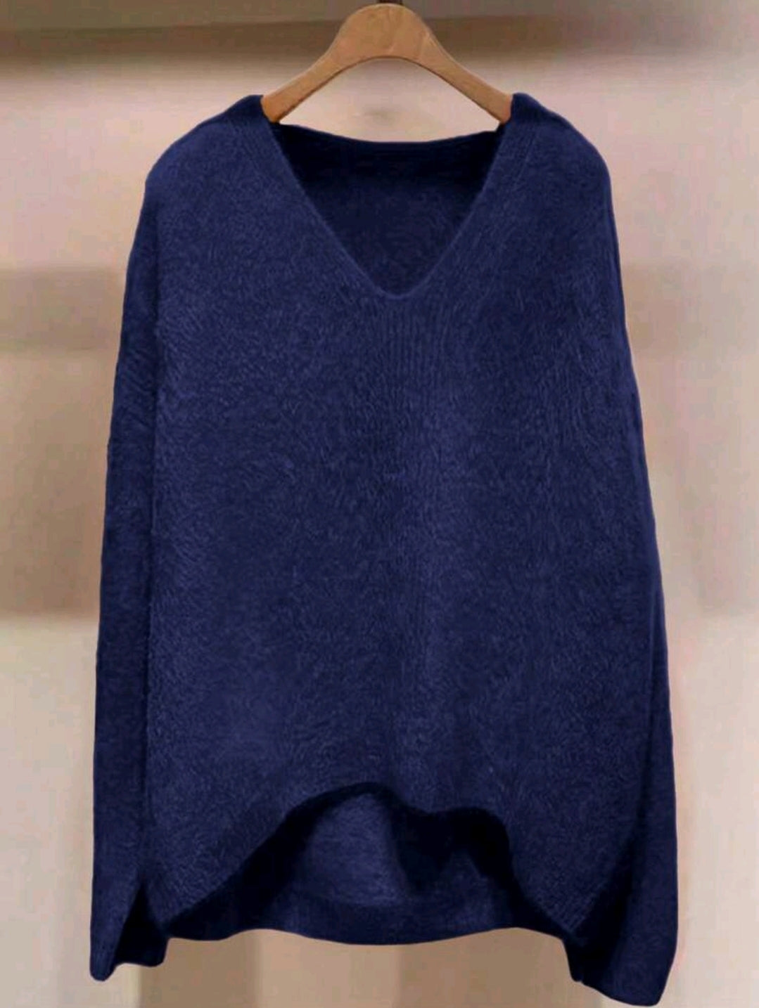 Navy Blue V-Neck Knit Sweater – Loose Fit Long Sleeve High-Low Hem Women Pullover