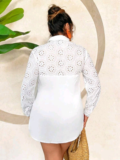 White Eyelet Sleeve Button-Up Shirt for Women