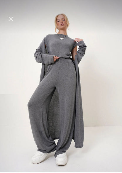 Women’s Grey Wide Leg Lounge Pants with Long Open Cardigan Set – Soft Relaxed Two Piece Outfit