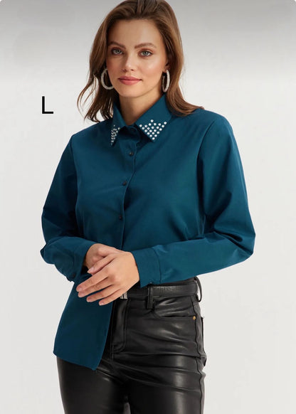 Trendyol Fast Delivery Teal Rhinestone Collar Shirt – Elegant Button-Up Blouse