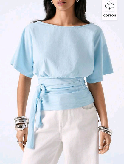 Women’s Light Blue Cotton Wrap Top – Short Sleeve Tie Waist Casual Blouse