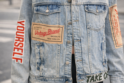 Oversized Light Wash Denim Jacket with Graphic Patches – Street Style Printed Jeans Jacket